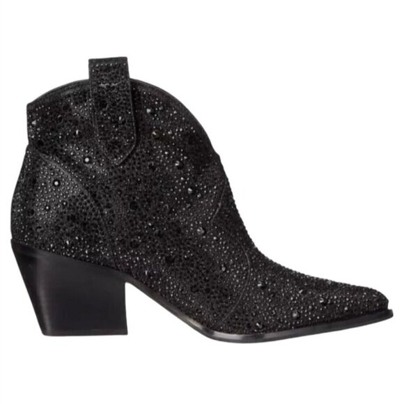 JESSICA SIMPSON / Black / Glittered / Ankle / Boots With Block Heel And Pull Tab - Picture 2 of 9